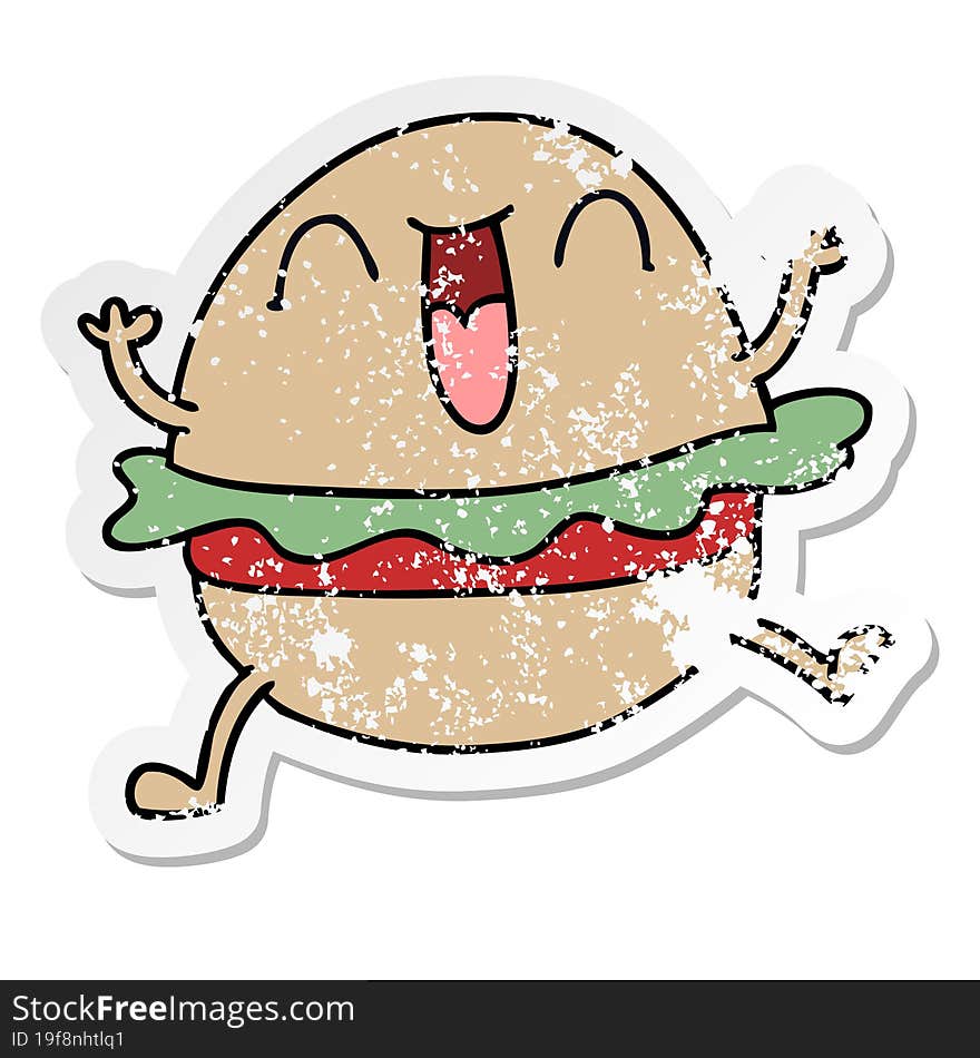 distressed sticker of a quirky hand drawn cartoon happy veggie burger