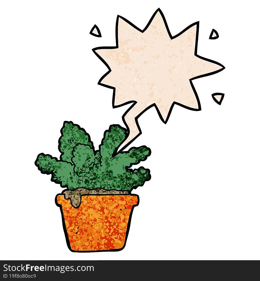 Cartoon House Plant And Speech Bubble In Retro Texture Style