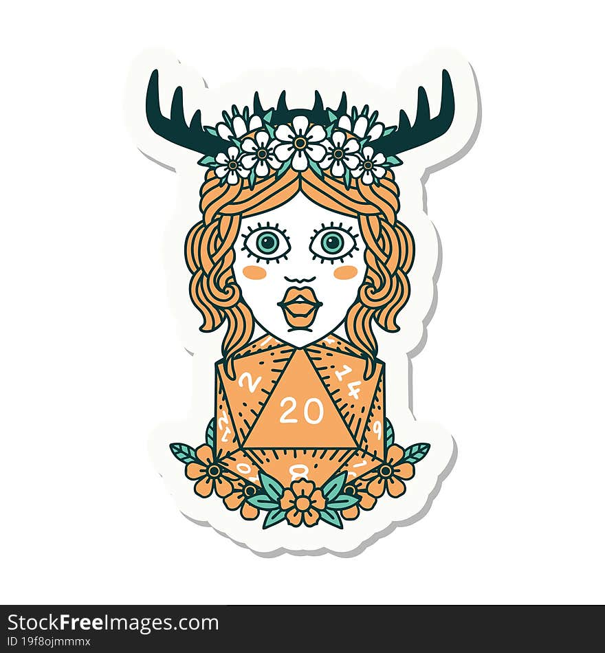 sticker of a human druid with natural twenty dice roll. sticker of a human druid with natural twenty dice roll