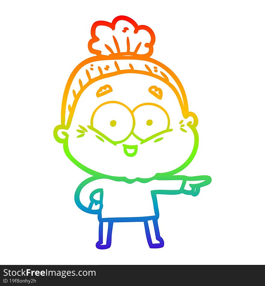 rainbow gradient line drawing of a cartoon happy old woman