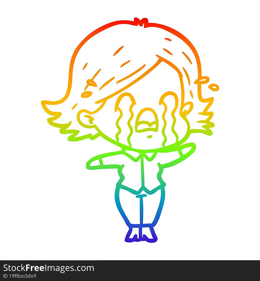 rainbow gradient line drawing of a cartoon woman crying