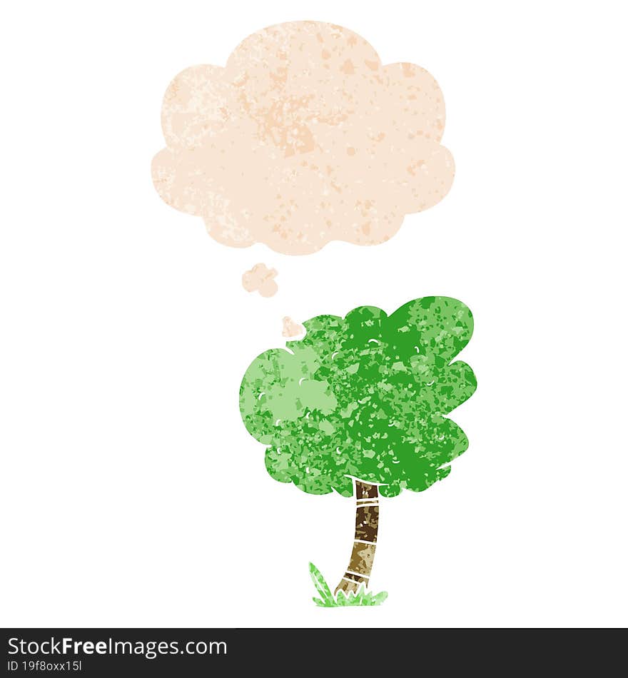 cartoon tree and thought bubble in retro textured style