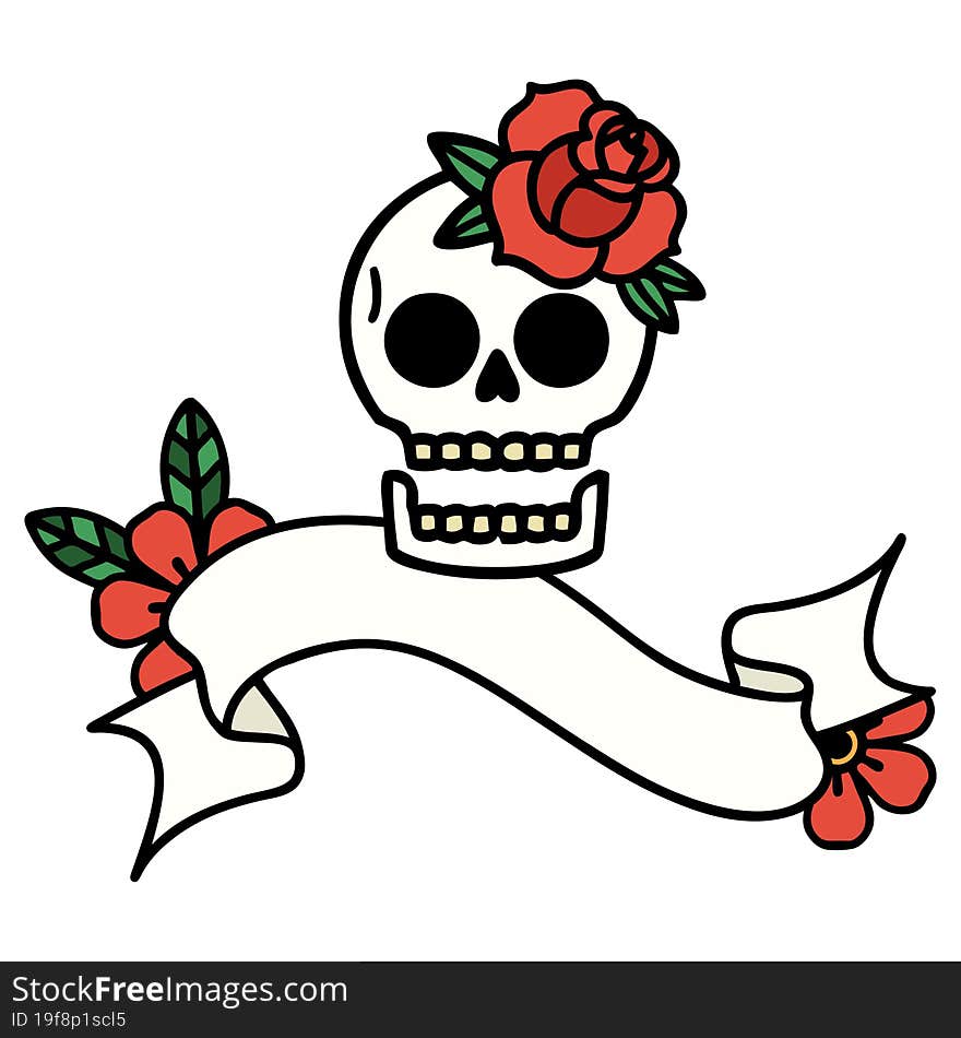 traditional tattoo with banner of a skull and rose