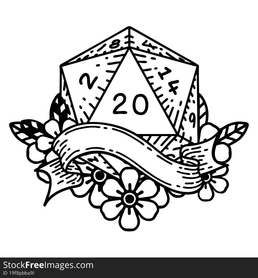 Black and White Tattoo linework Style natural twenty D20 dice roll. Black and White Tattoo linework Style natural twenty D20 dice roll