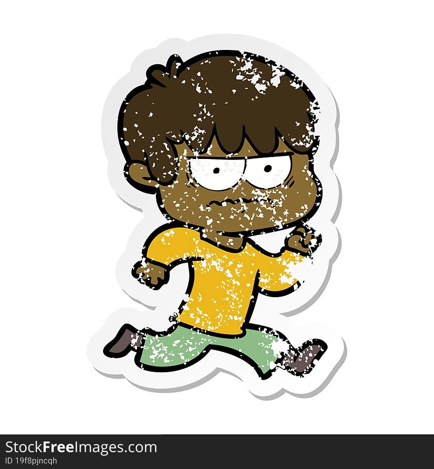 distressed sticker of a annoyed cartoon boy