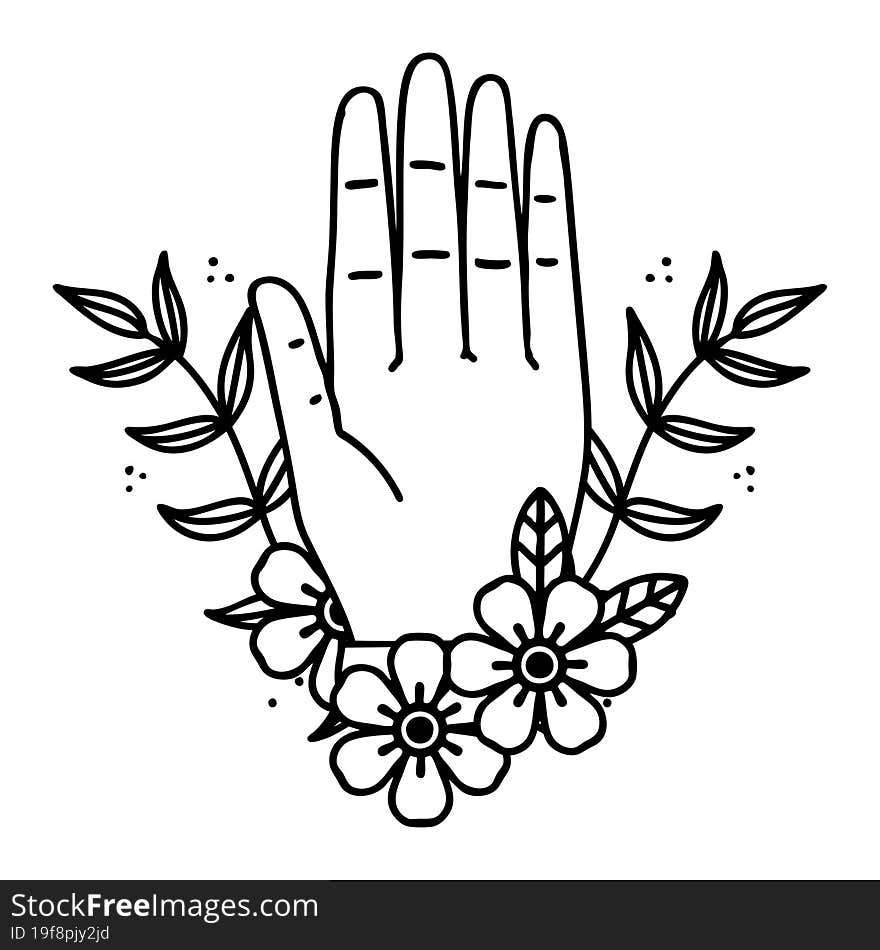 black line tattoo of a hand and flower