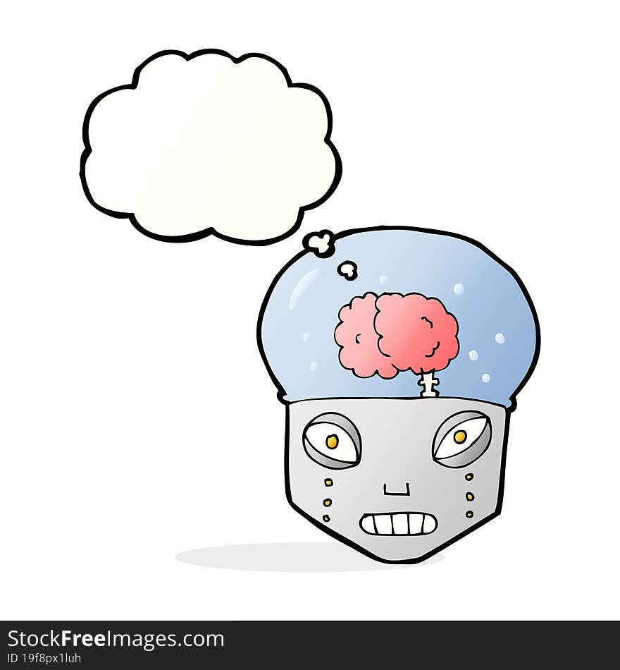 cartoon spooky robot head with thought bubble