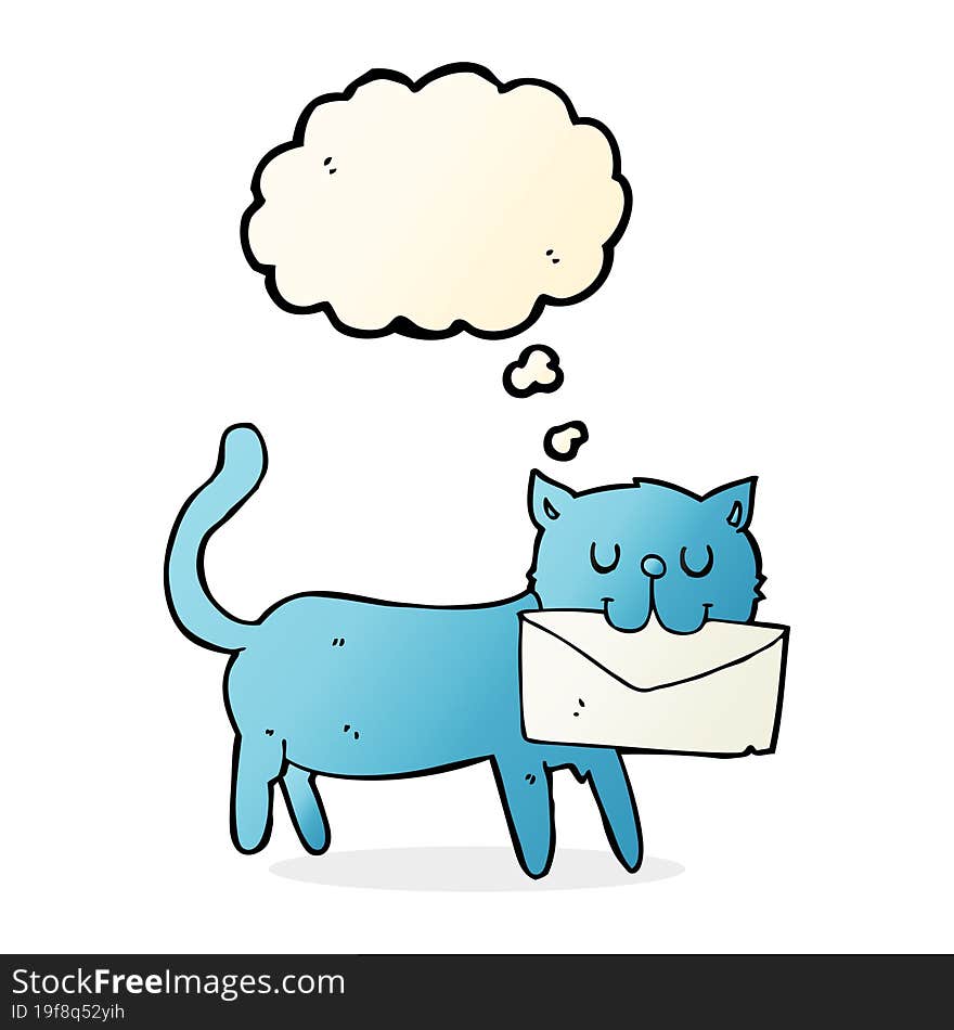 cartoon cat carrying letter with thought bubble