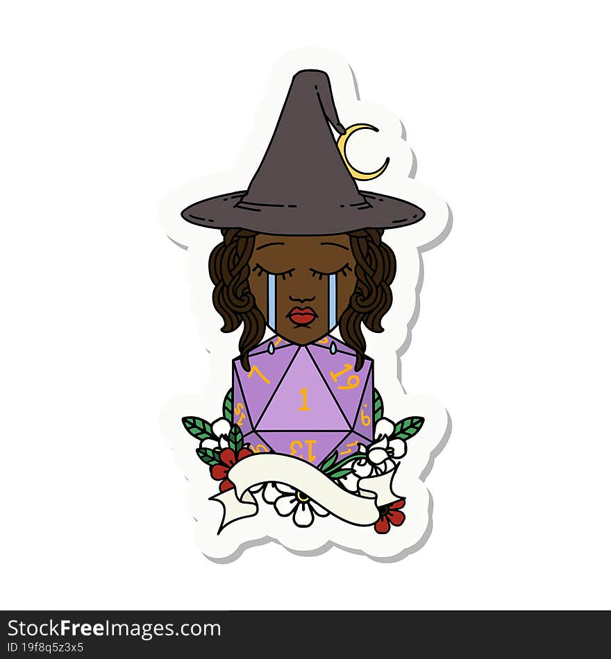 human witch with natural one D20 roll sticker