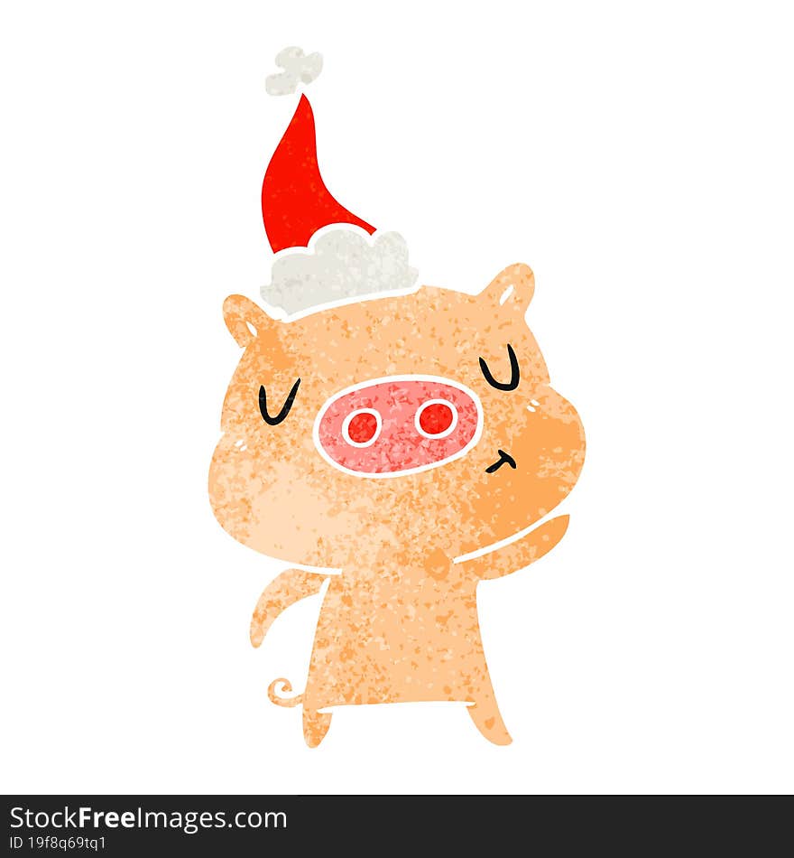 Retro Cartoon Of A Content Pig Wearing Santa Hat