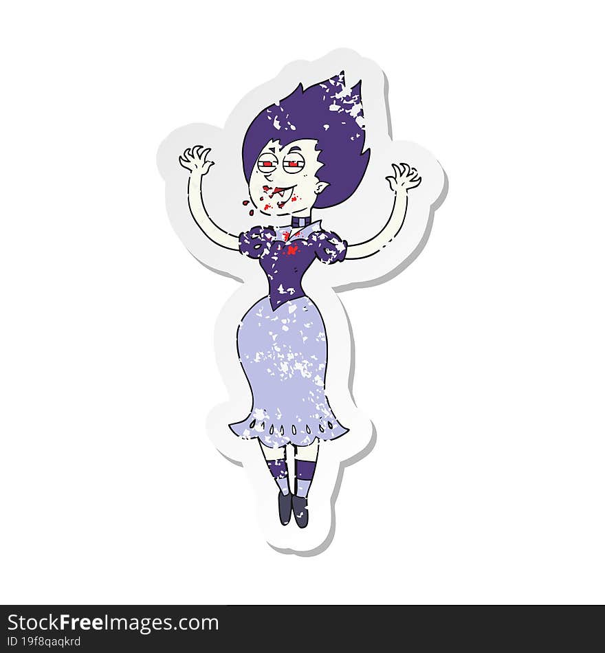 Retro Distressed Sticker Of A Cartoon Vampire Girl With Bloody Mouth