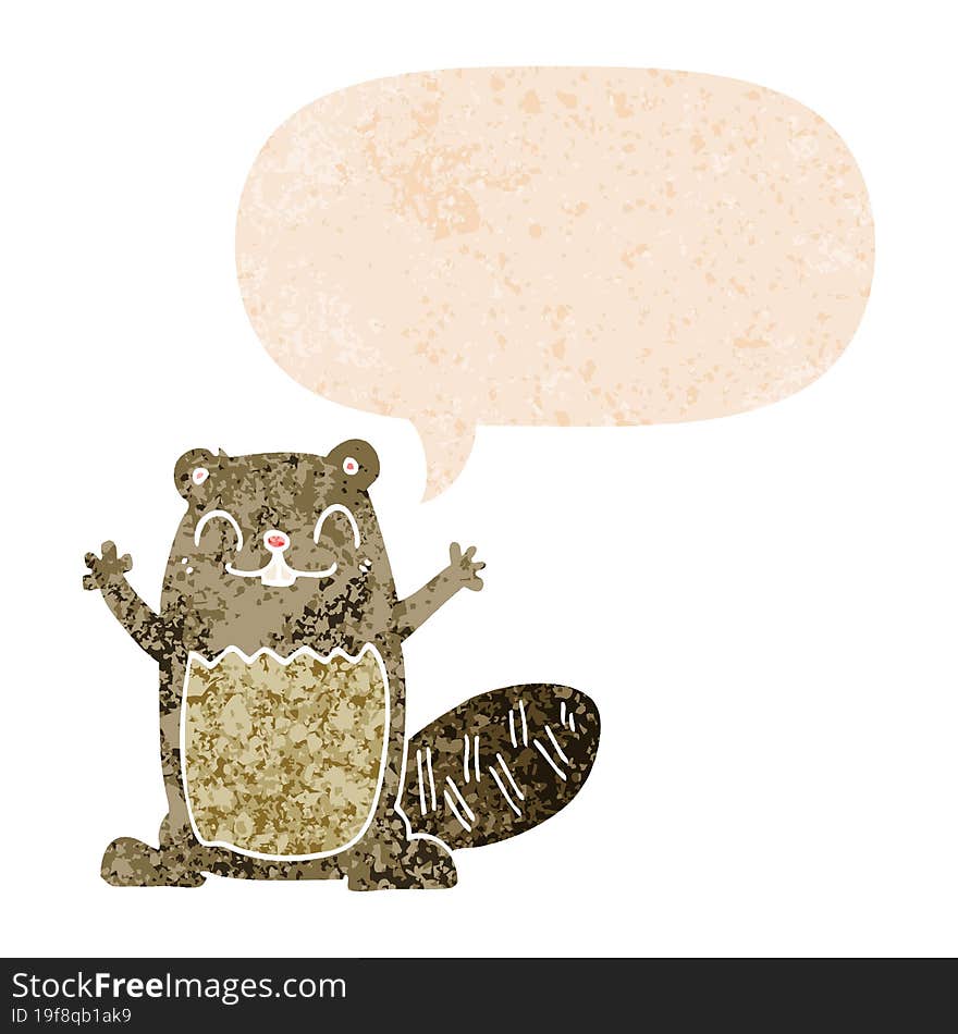 cartoon beaver and speech bubble in retro textured style