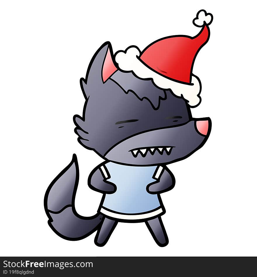 gradient cartoon of a wolf showing teeth wearing santa hat