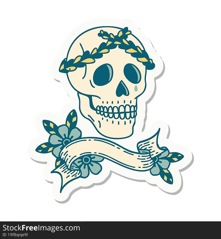 tattoo sticker with banner of a skull with laurel wreath crown