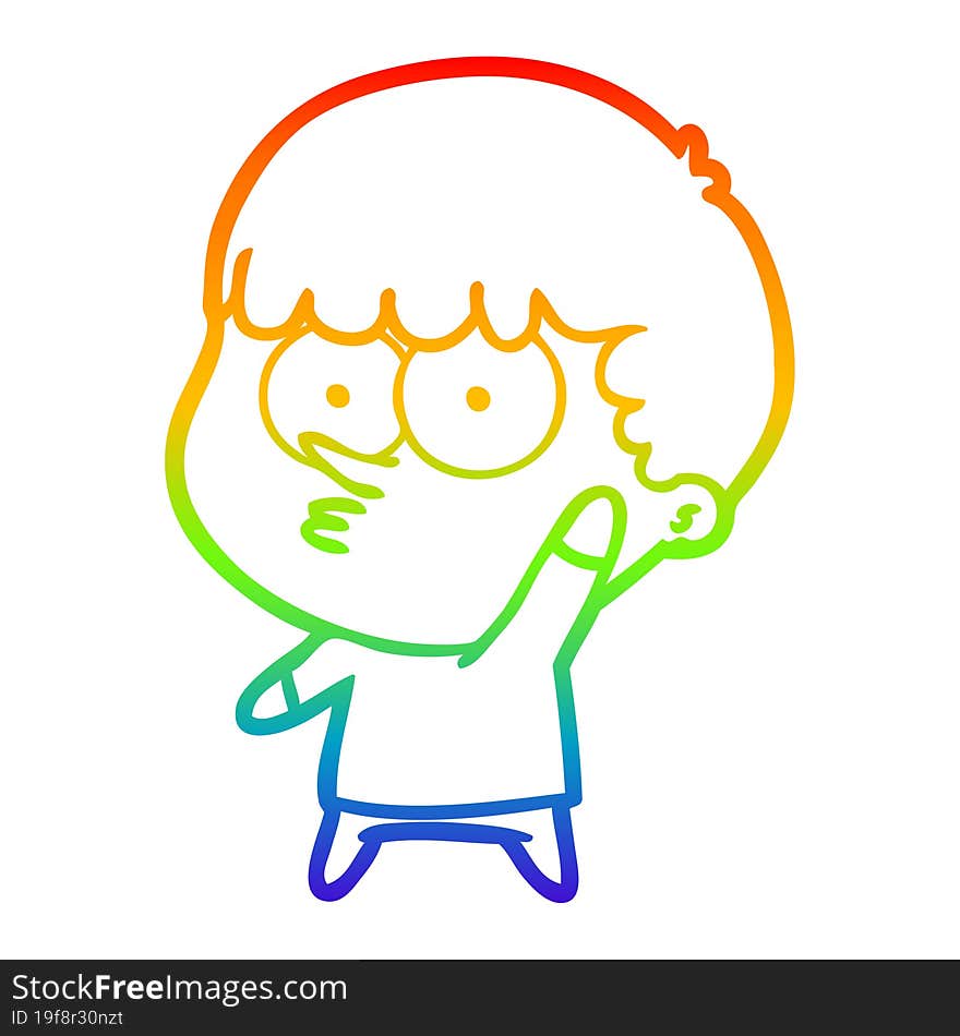 rainbow gradient line drawing cartoon curious boy waving