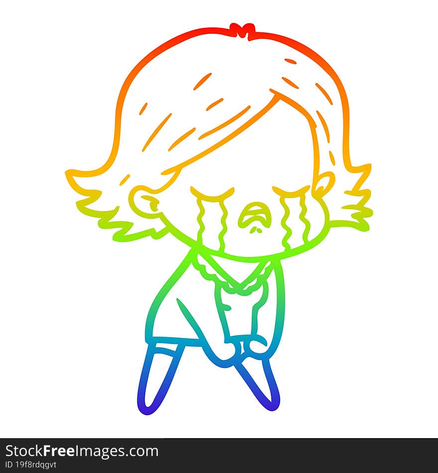 rainbow gradient line drawing of a cartoon girl crying