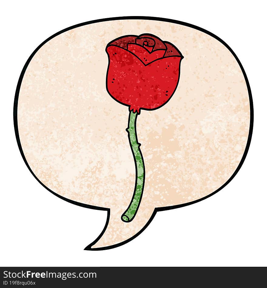 cartoon rose and speech bubble in retro texture style