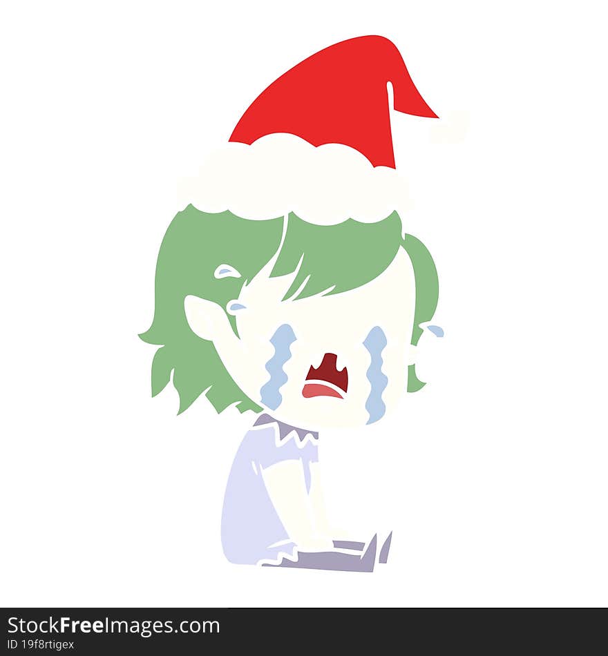 flat color illustration of a crying vampire girl wearing santa hat