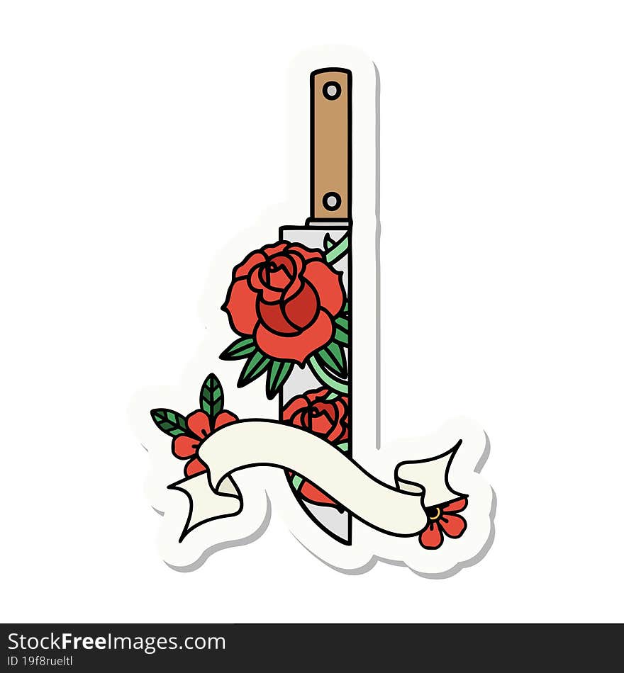 tattoo sticker with banner of a dagger and flowers