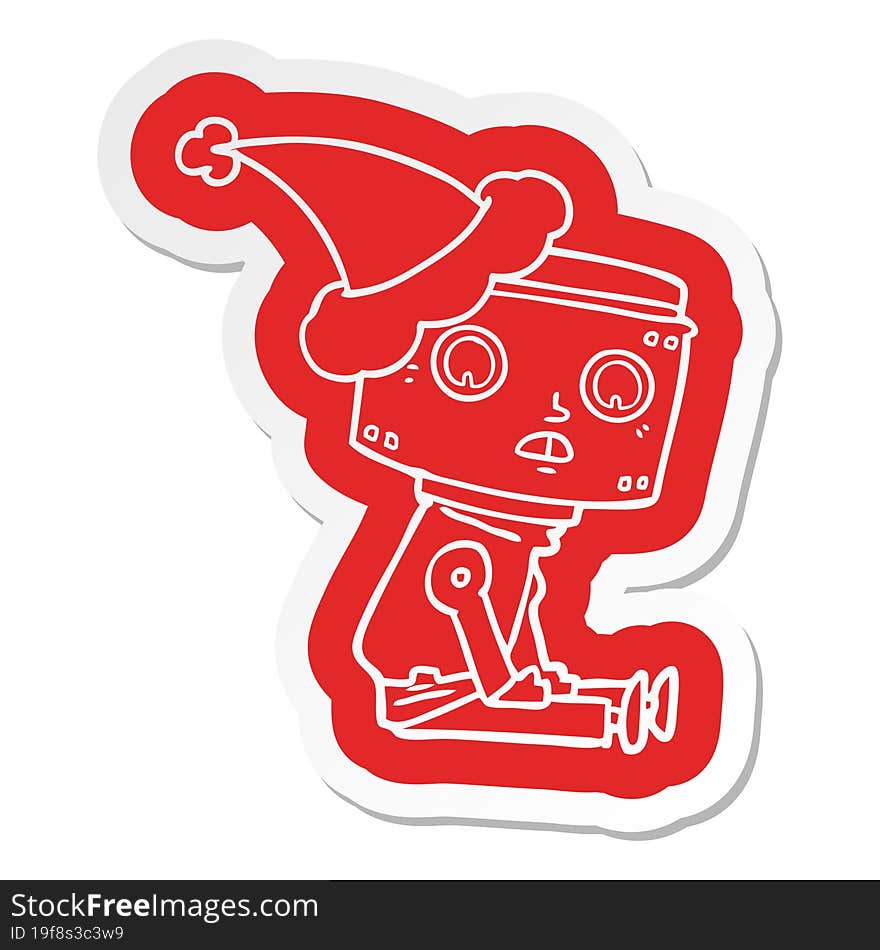 cartoon  sticker of a robot wearing santa hat