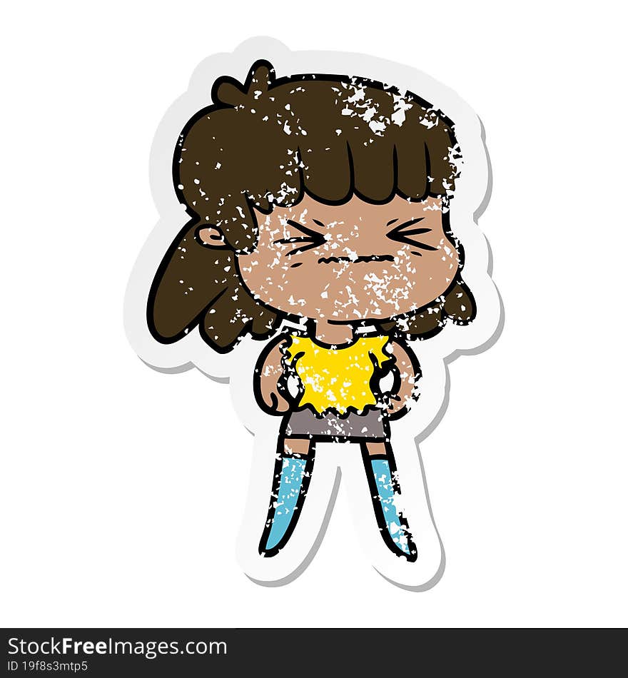 distressed sticker of a cartoon angry girl