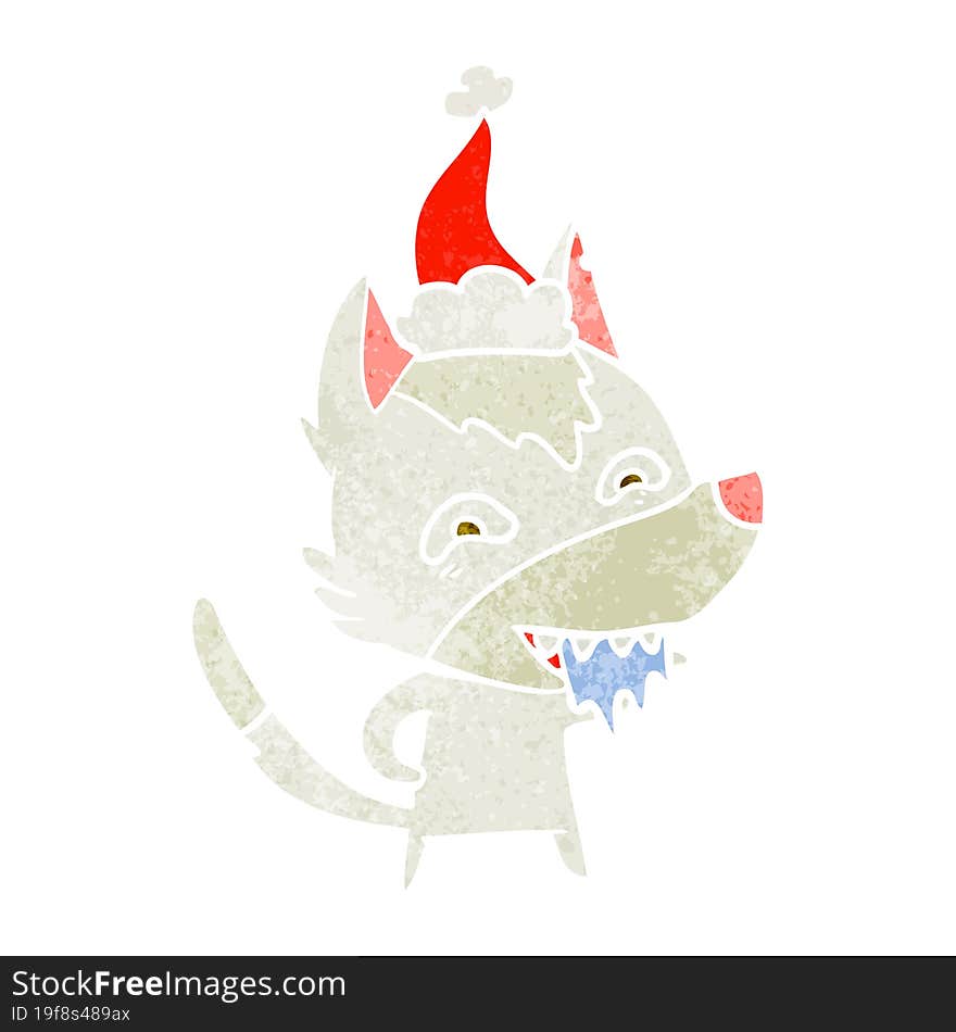 retro cartoon of a hungry wolf wearing santa hat