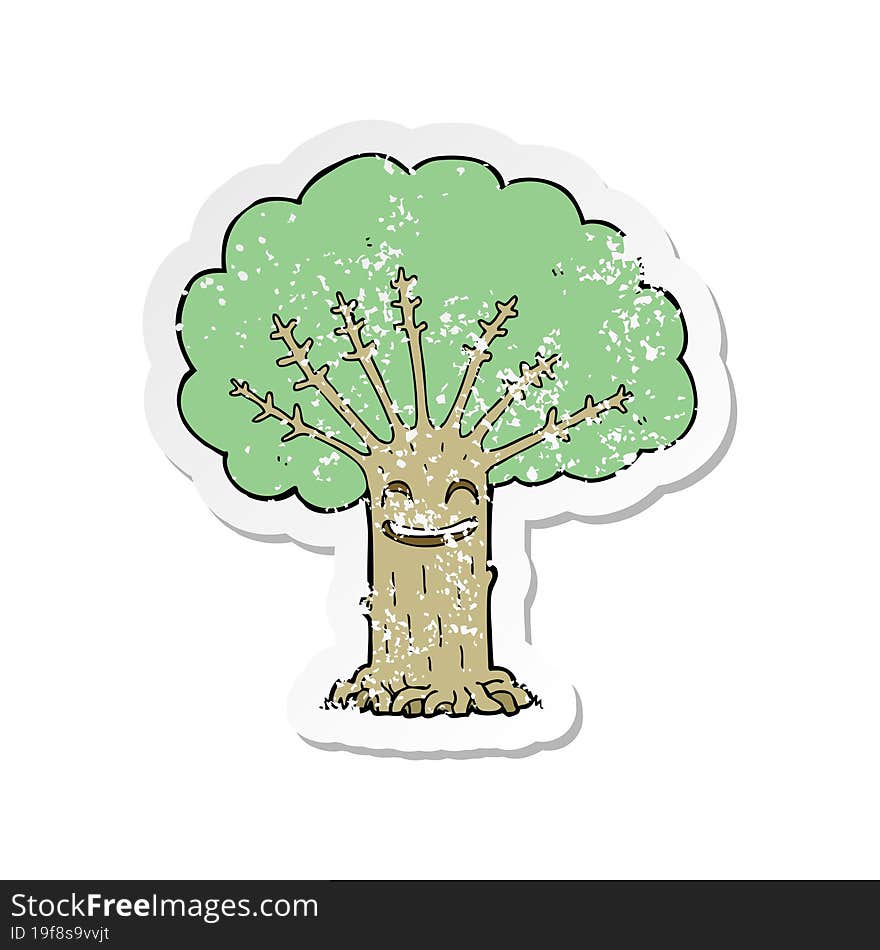 retro distressed sticker of a cartoon happy tree