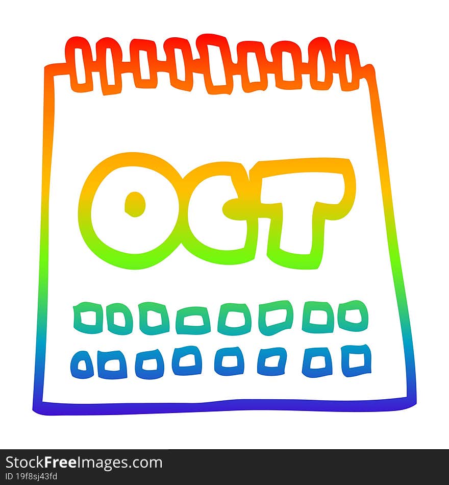 rainbow gradient line drawing cartoon calendar showing month of october