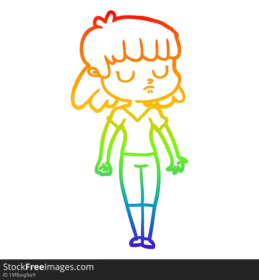 Rainbow Gradient Line Drawing Cartoon Indifferent Woman