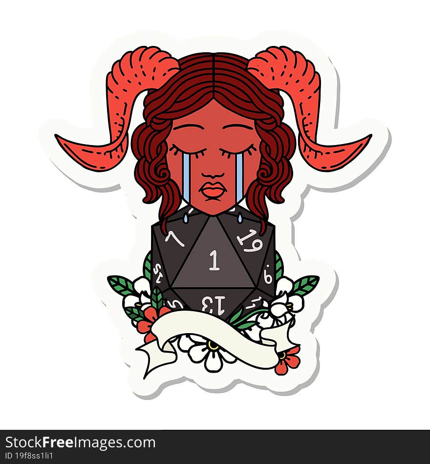 crying tiefling with natural one D20 roll sticker