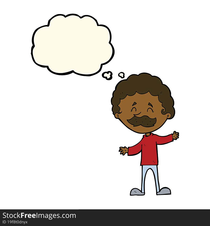 cartoon happy man with mustache with thought bubble