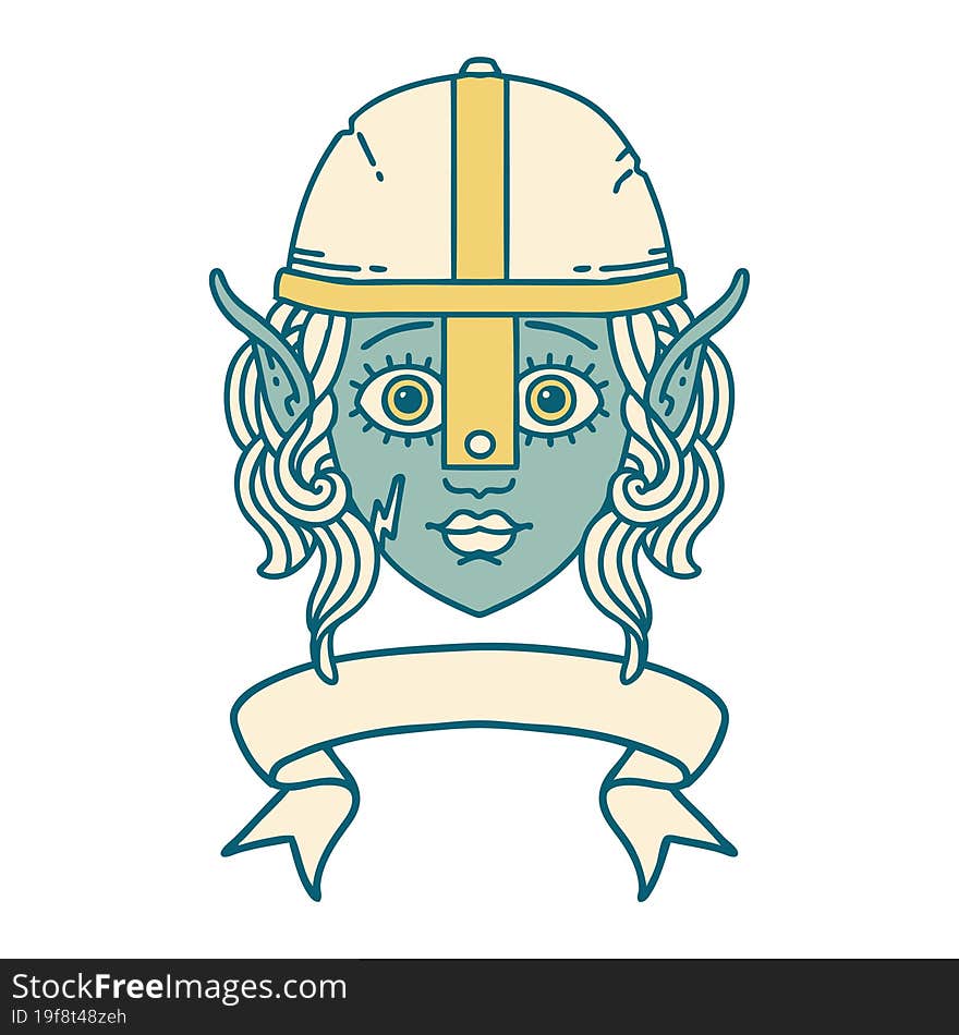 Retro Tattoo Style elf fighter character face with banner. Retro Tattoo Style elf fighter character face with banner