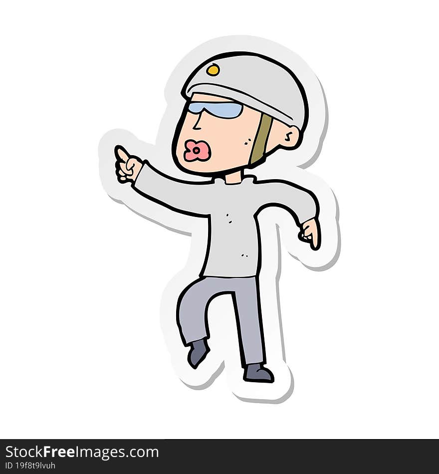 sticker of a cartoon man in bike helmet pointing