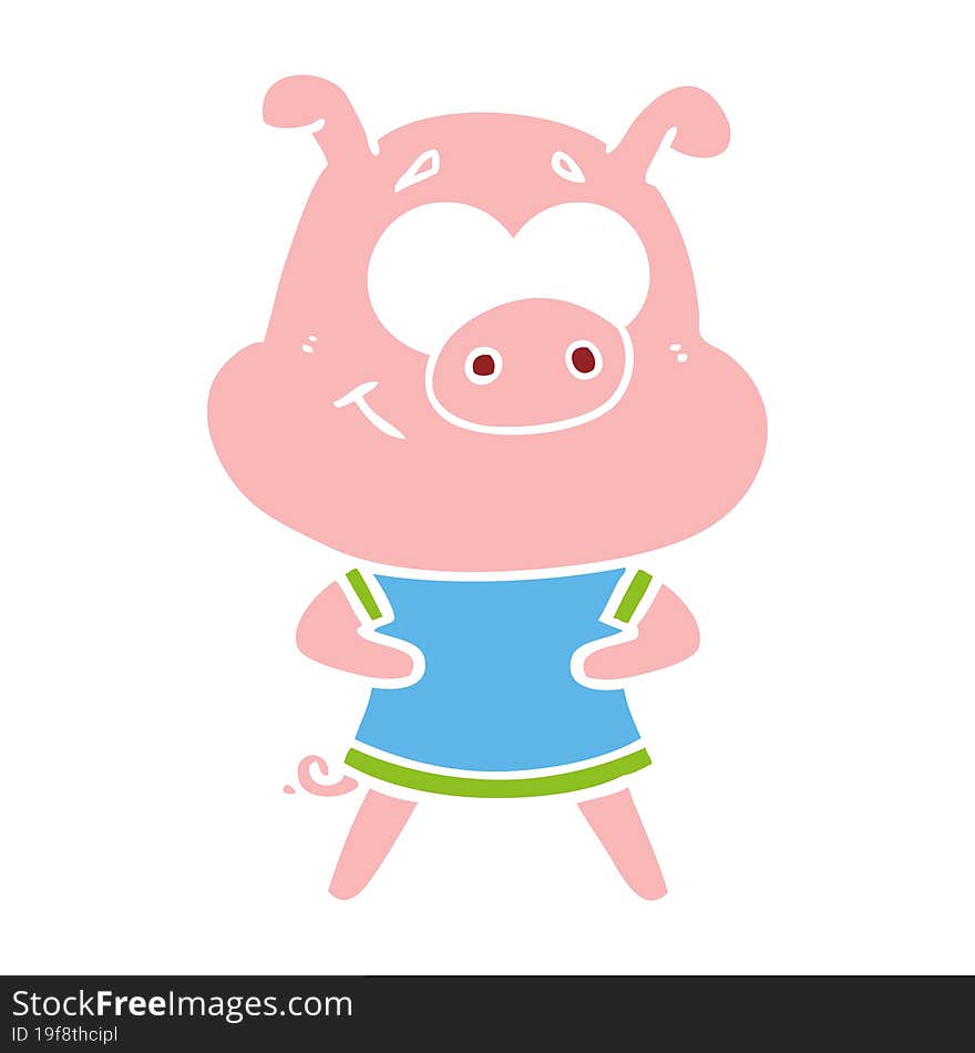 happy flat color style cartoon pig