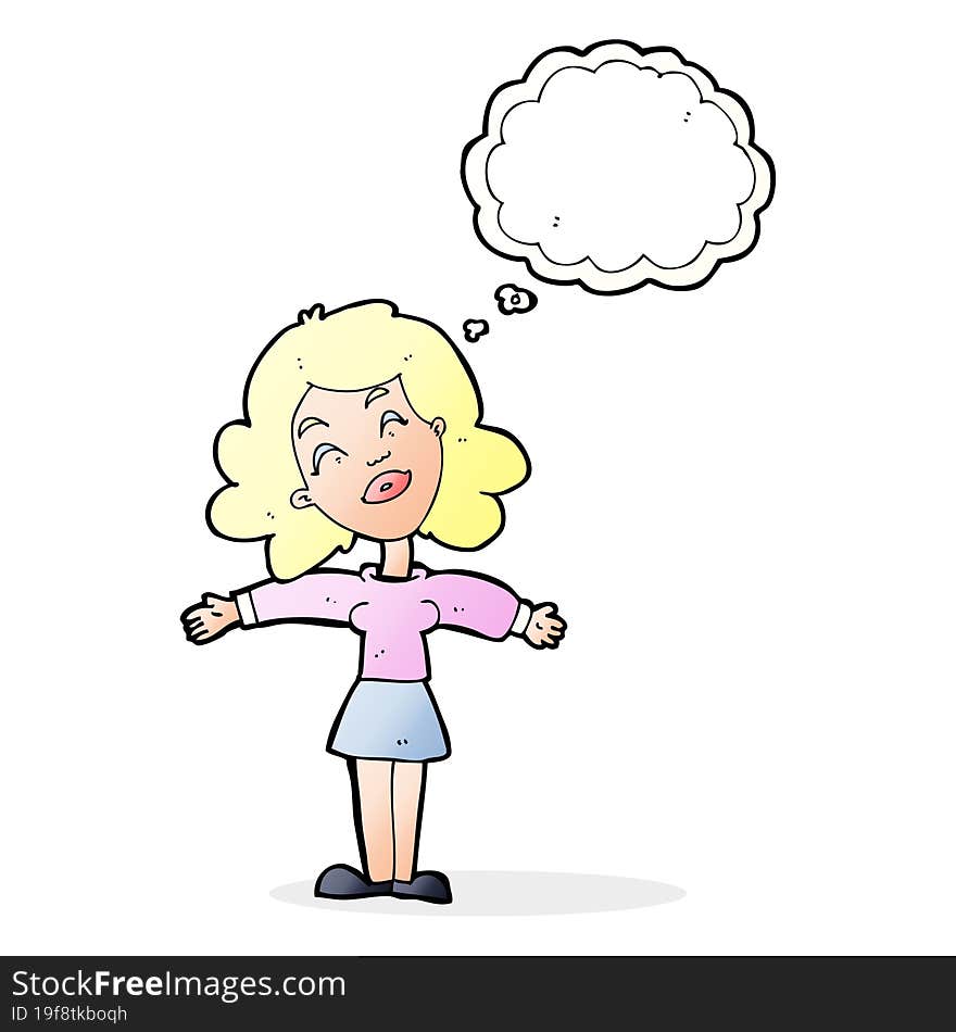 cartoon woman with open arms with thought bubble