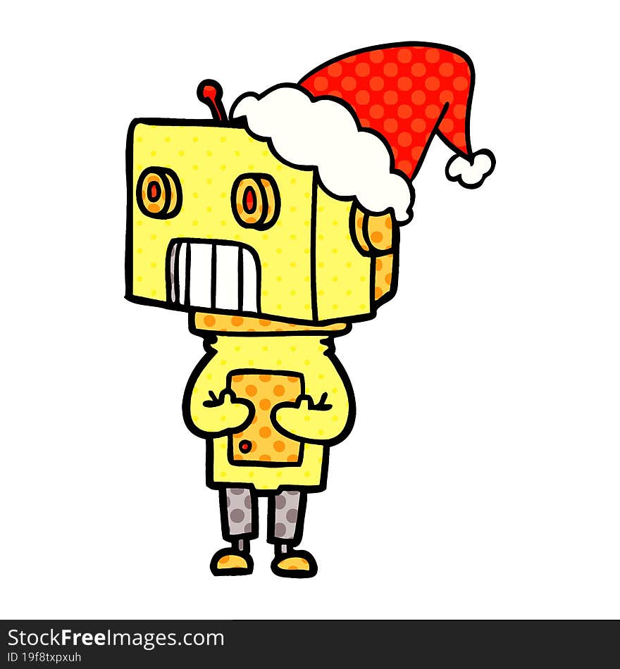 comic book style illustration of a robot wearing santa hat