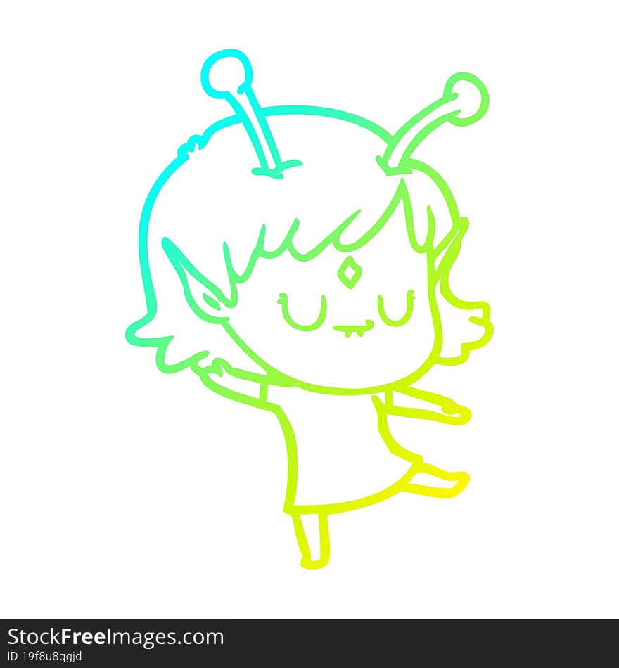 cold gradient line drawing of a cartoon alien girl