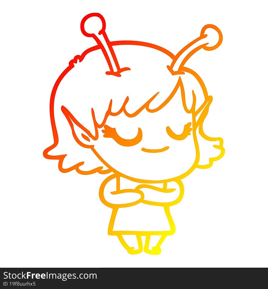 warm gradient line drawing smiling alien girl cartoon