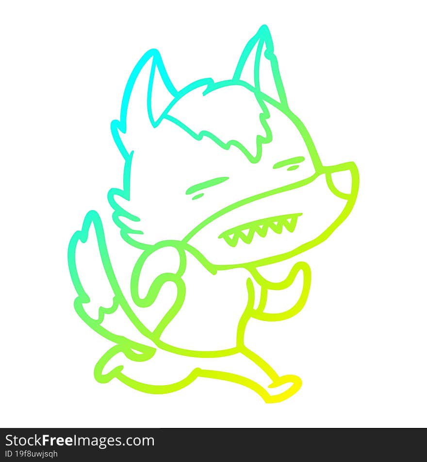 cold gradient line drawing cartoon wolf showing teeth