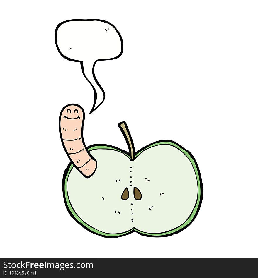 cartoon apple with worm with speech bubble