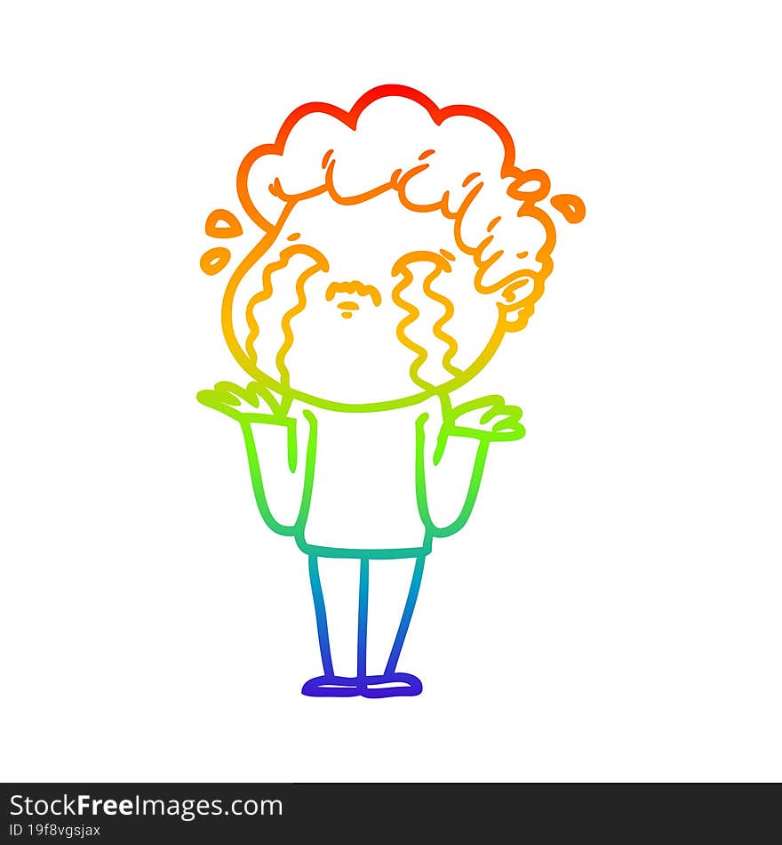 rainbow gradient line drawing of a cartoon man crying