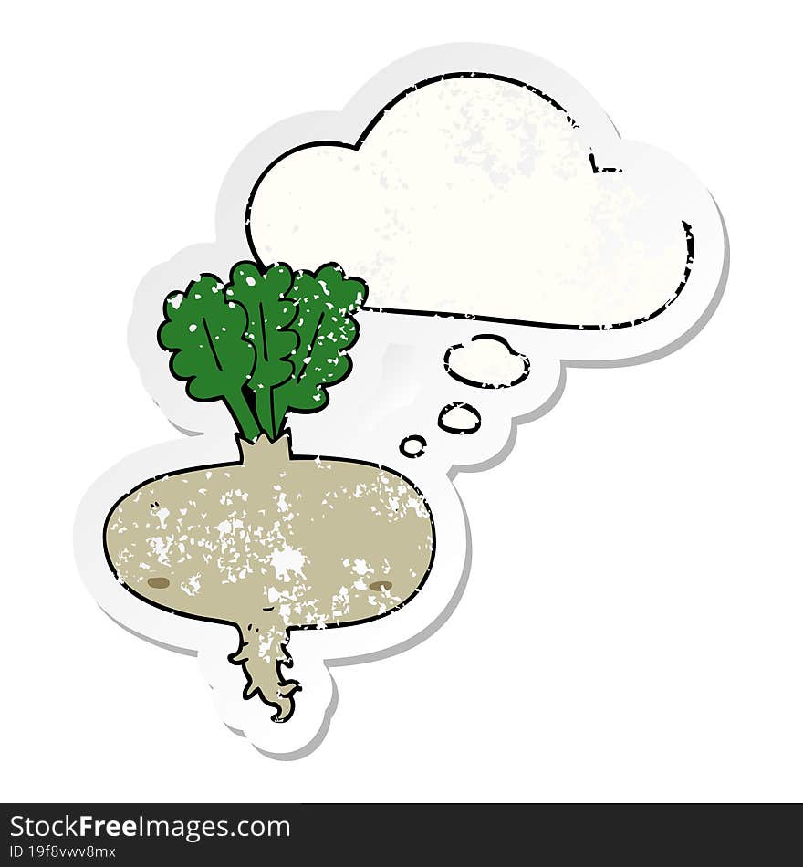 cartoon beetroot with thought bubble as a distressed worn sticker