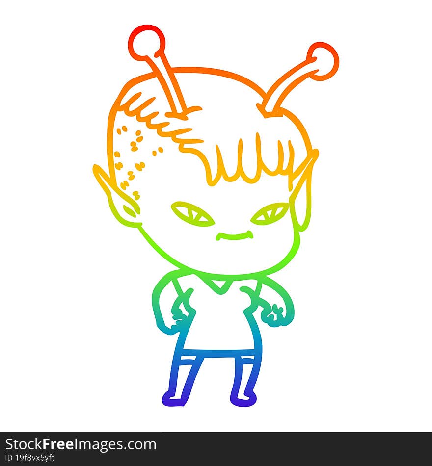 rainbow gradient line drawing of a cute cartoon alien girl