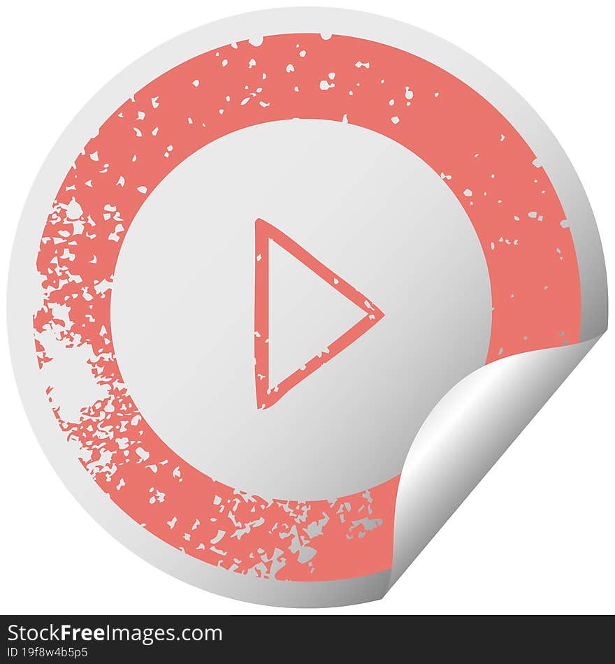 distressed circular peeling sticker symbol of a play button