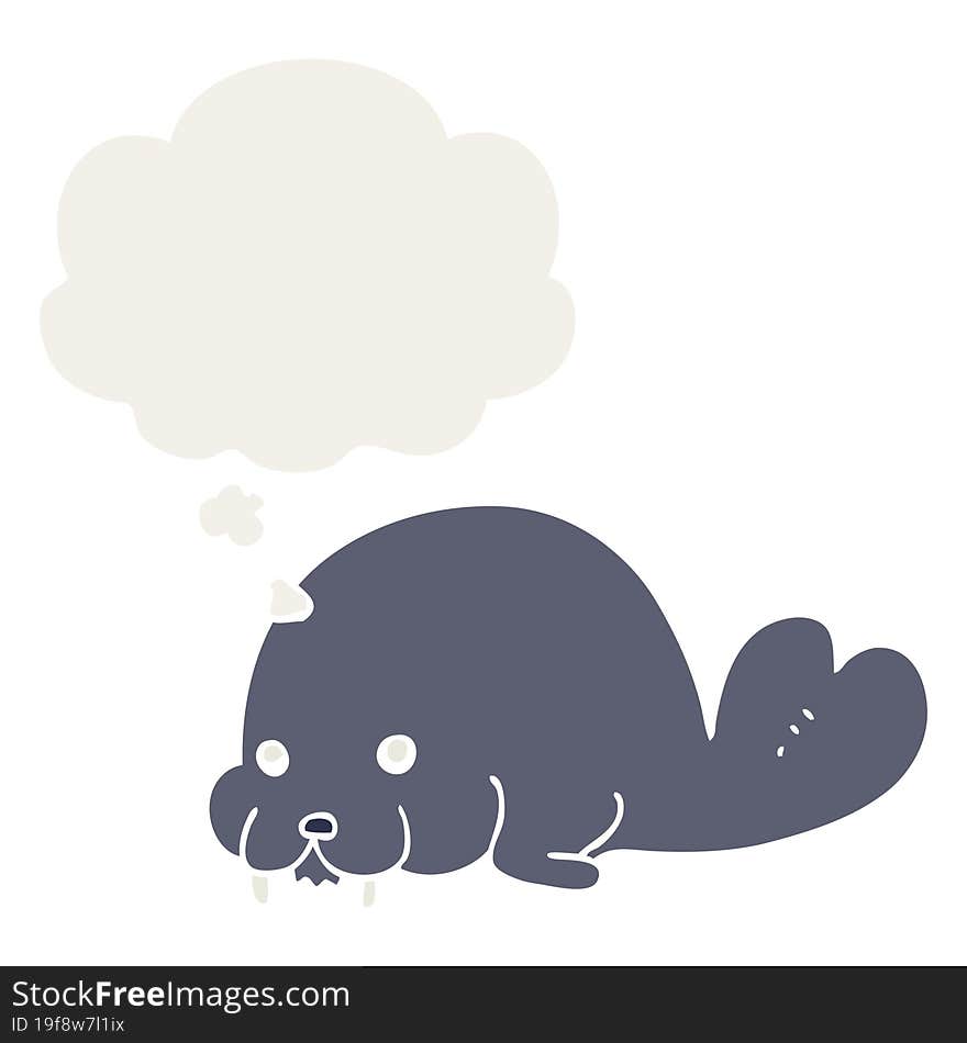 cute cartoon walrus and thought bubble in retro style