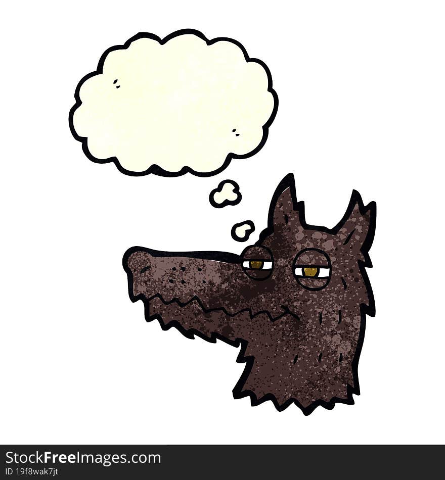 cartoon smug wolf face with thought bubble