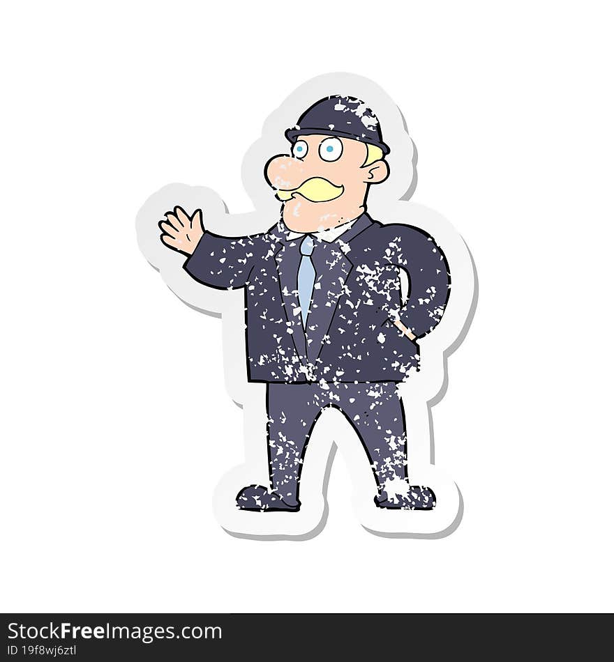 retro distressed sticker of a cartoon sensible business man in bowler hat