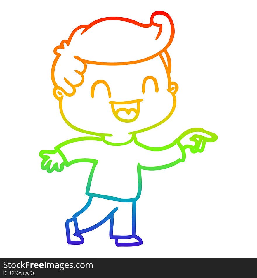 rainbow gradient line drawing of a cartoon happy man pointing