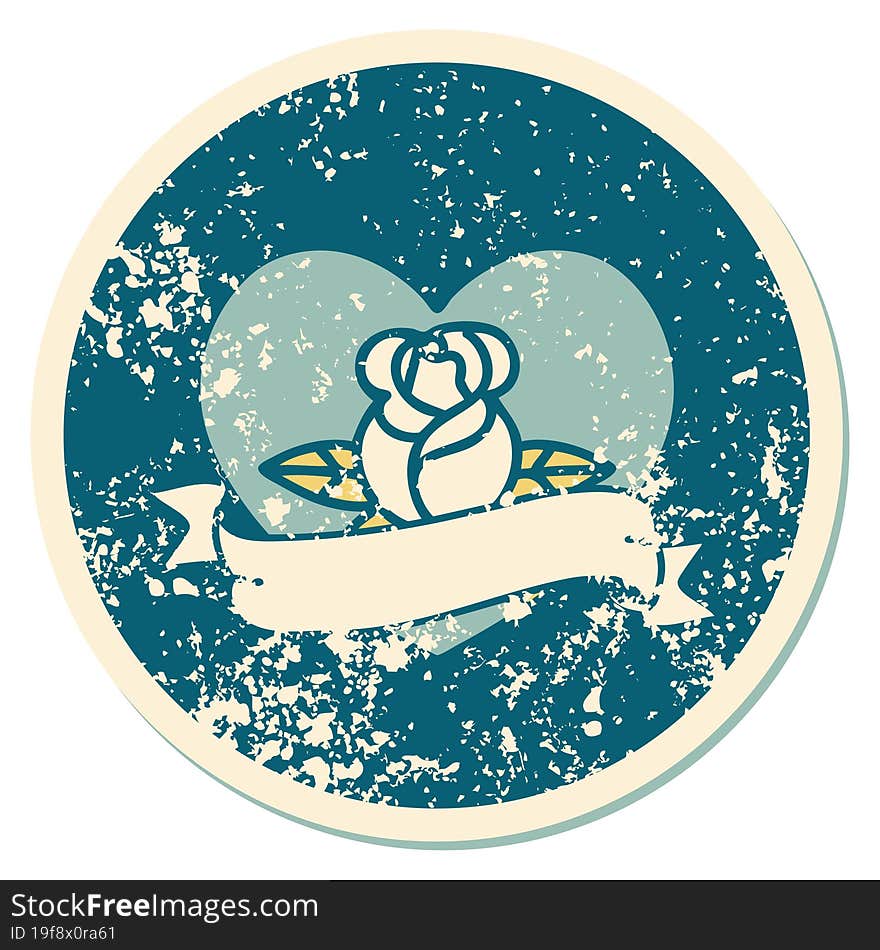 distressed sticker tattoo style icon of a heart rose and banner