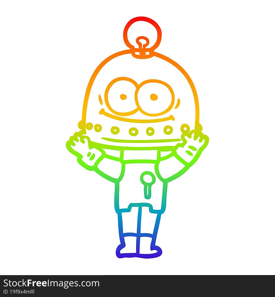 rainbow gradient line drawing of a happy carton robot with light bulb